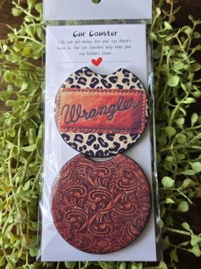 Wrangler Women's Leopard & Tooled Brown Car Coaster Set